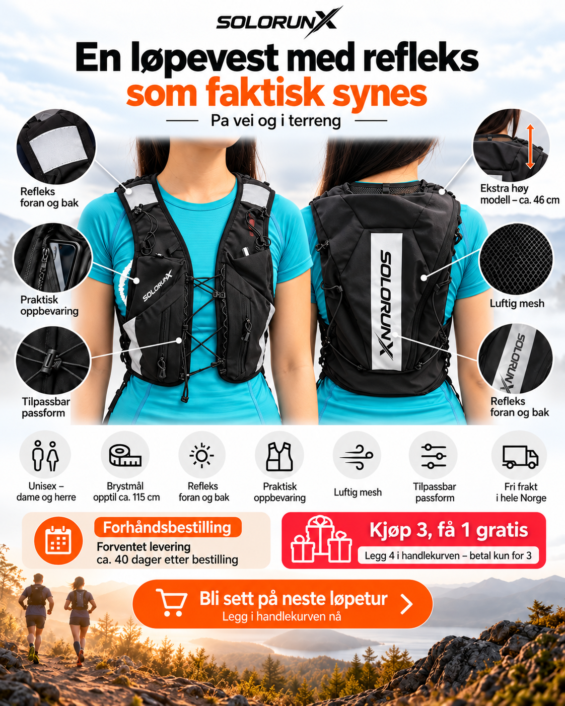 Løpevest med refleks – ekstra høy, for vei og terreng | SolorunX